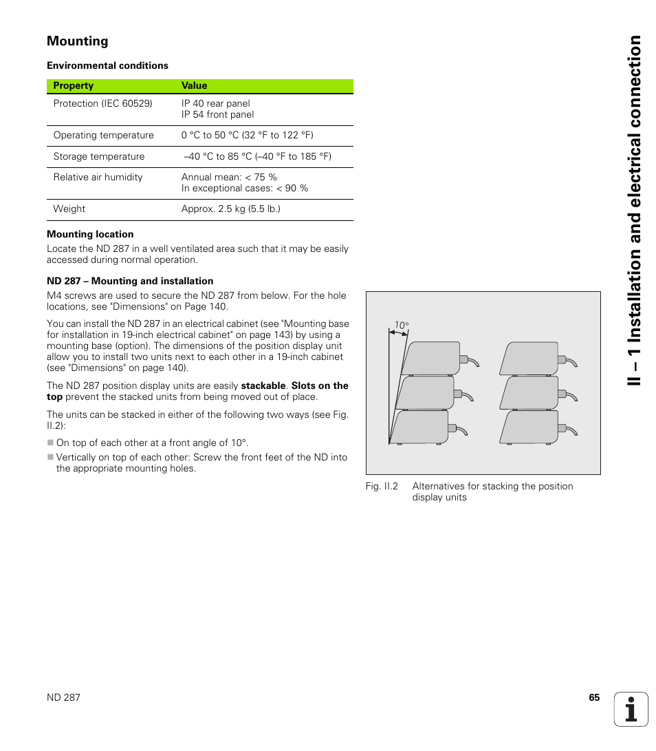Mounting, Environmental conditions, Mounting location | Nd 287 – mounting and installation, Ii – 1 installation and electr ical connection | HEIDENHAIN ND 287 User Manual User Manual | Page 65 / 147