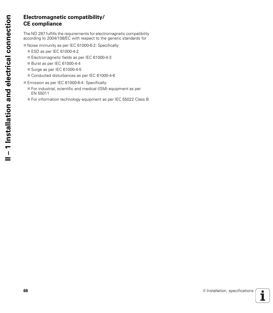 Electromagnetic compatibility/ ce compliance, Ii – 1 installation and electr ical connection | HEIDENHAIN ND 287 User Manual User Manual | Page 66 / 147