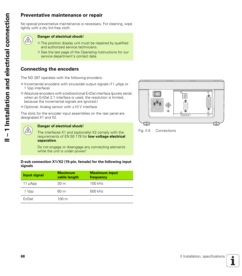 Preventative maintenance or repair, Connecting the encoders, Ii – 1 installation and electr ical connection | HEIDENHAIN ND 287 User Manual User Manual | Page 68 / 147