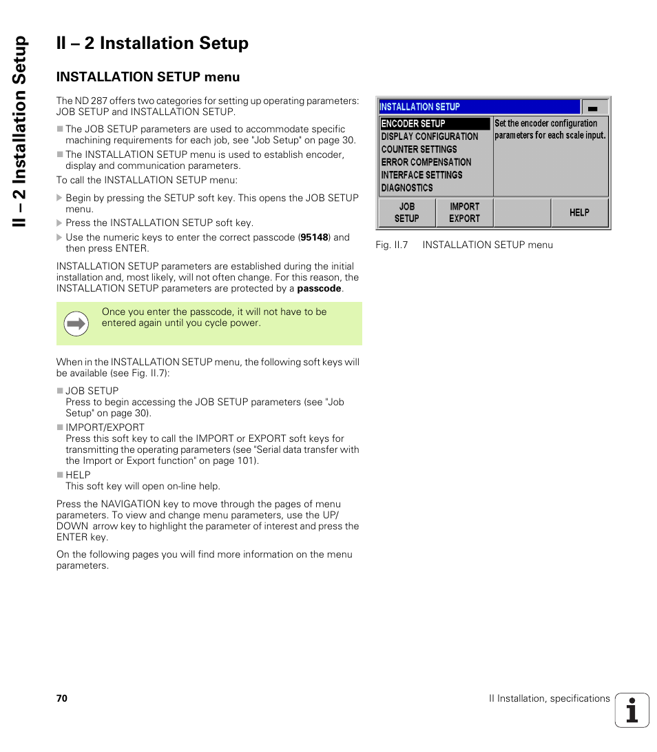 Ii – 2 installation setup, Installation setup menu | HEIDENHAIN ND 287 User Manual User Manual | Page 70 / 147