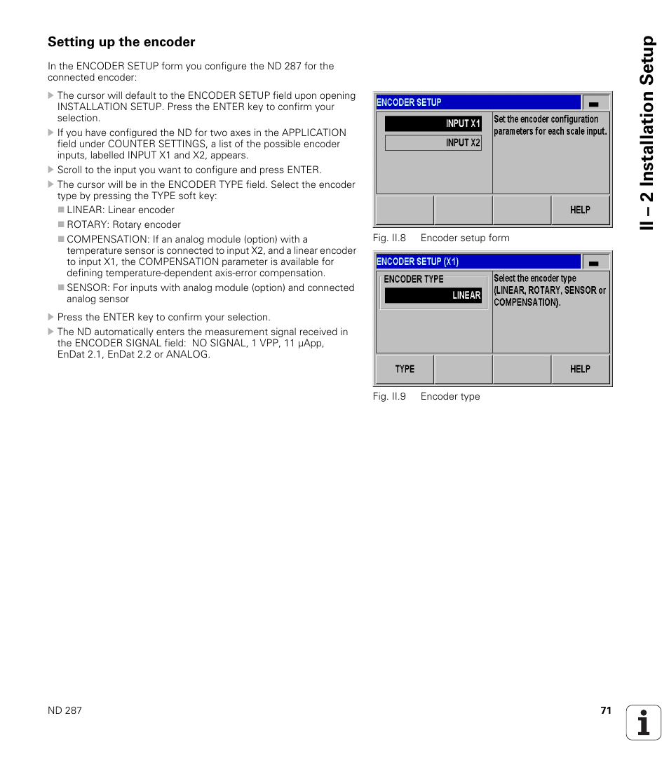 Setting up the encoder, See "setting up, Ii – 2 installation set u p | HEIDENHAIN ND 287 User Manual User Manual | Page 71 / 147
