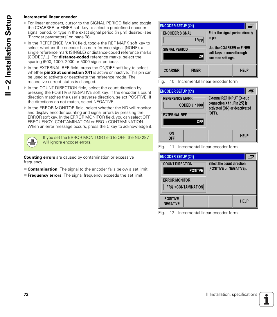 Incremental linear encoder, Ii – 2 installation set u p | HEIDENHAIN ND 287 User Manual User Manual | Page 72 / 147