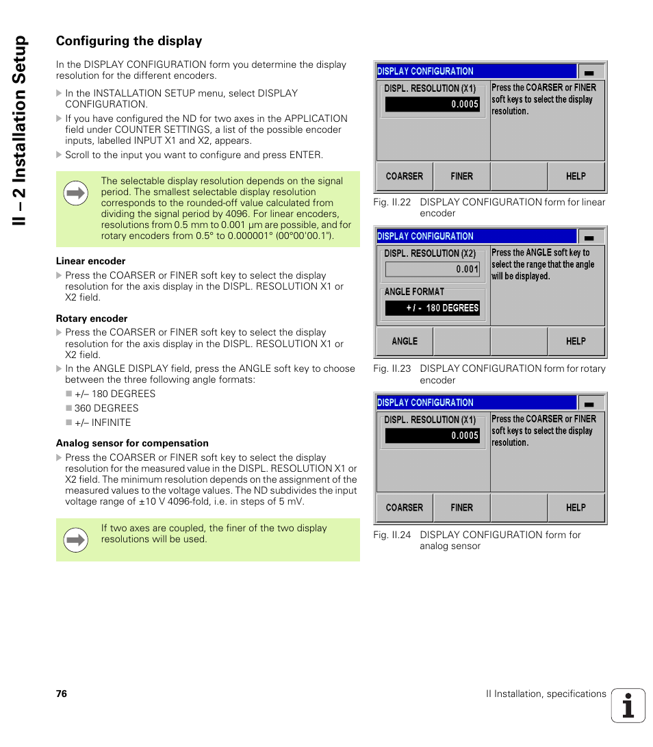 Configuring the display, Linear encoder, Rotary encoder | Analog sensor for compensation, Ii – 2 installation set u p | HEIDENHAIN ND 287 User Manual User Manual | Page 76 / 147