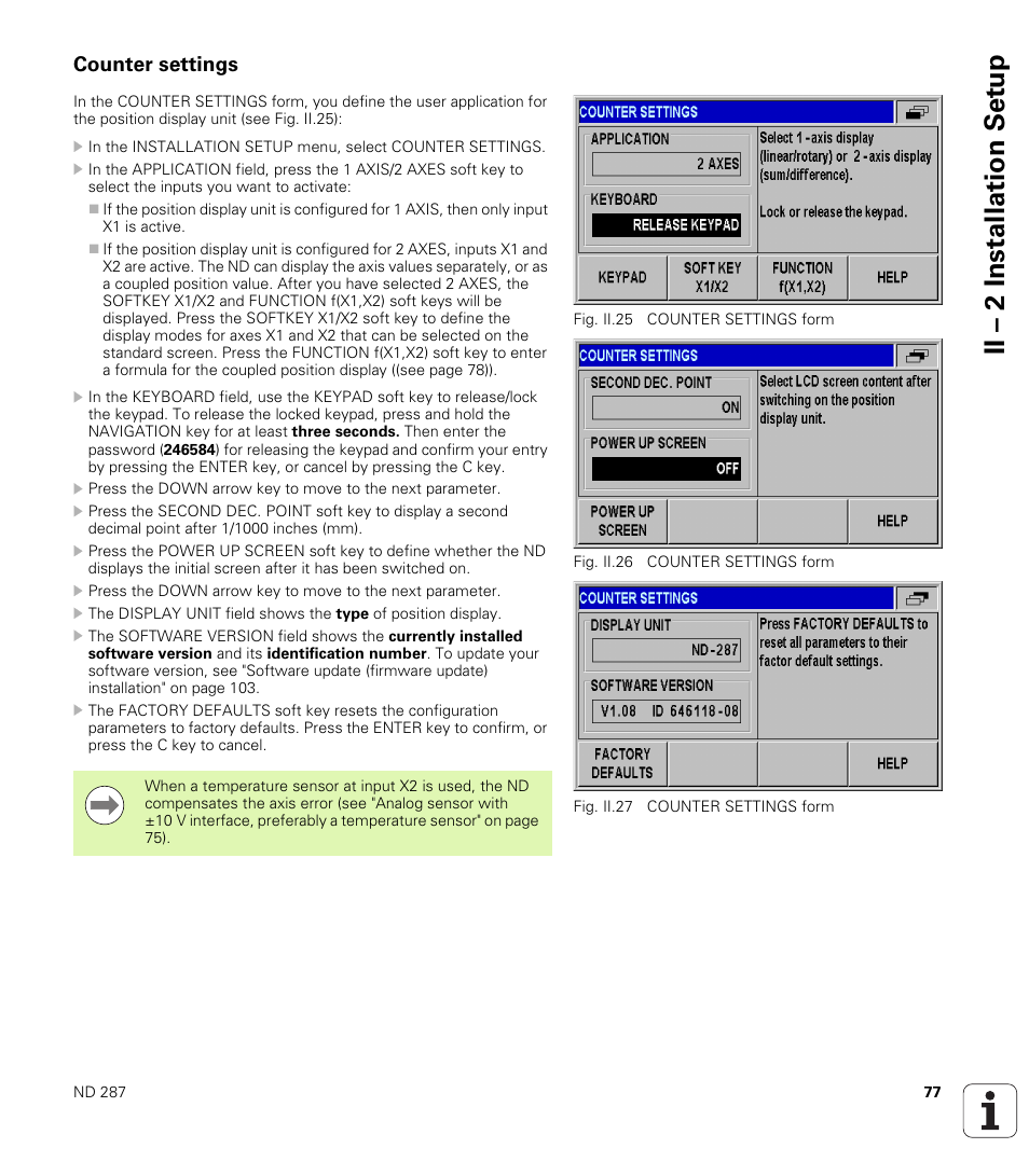 Counter settings, Ii – 2 installation set u p | HEIDENHAIN ND 287 User Manual User Manual | Page 77 / 147