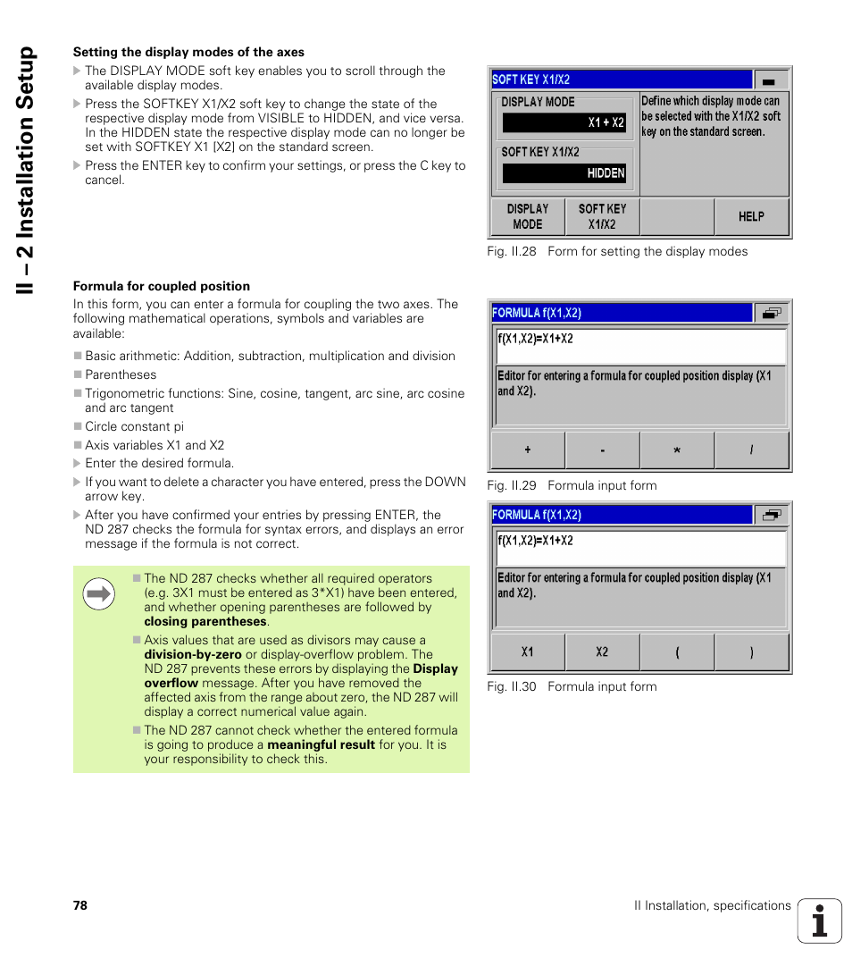 Setting the display modes of the axes, Formula for coupled position, Ii – 2 installation set u p | HEIDENHAIN ND 287 User Manual User Manual | Page 78 / 147