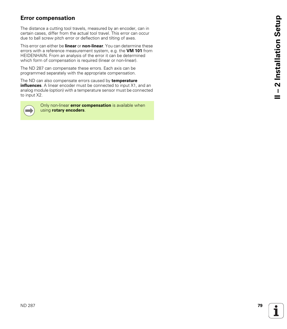 Error compensation, Ii – 2 installation set u p | HEIDENHAIN ND 287 User Manual User Manual | Page 79 / 147