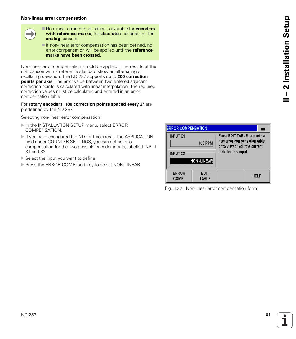 Non-linear error compensation, Ii – 2 installation set u p | HEIDENHAIN ND 287 User Manual User Manual | Page 81 / 147