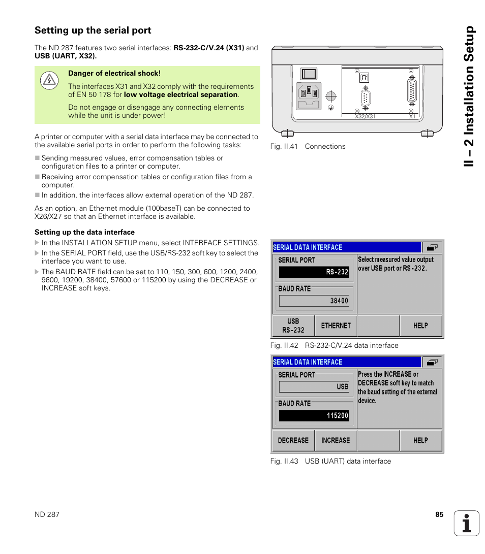 Setting up the serial port, Setting up the data interface, Ii – 2 installation set u p | HEIDENHAIN ND 287 User Manual User Manual | Page 85 / 147
