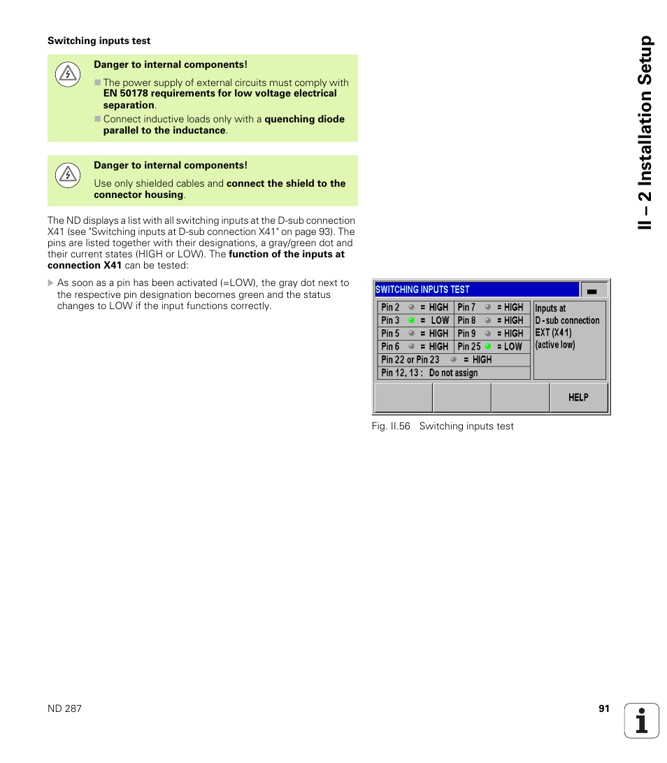 Switching inputs test, Ii – 2 installation set u p | HEIDENHAIN ND 287 User Manual User Manual | Page 91 / 147