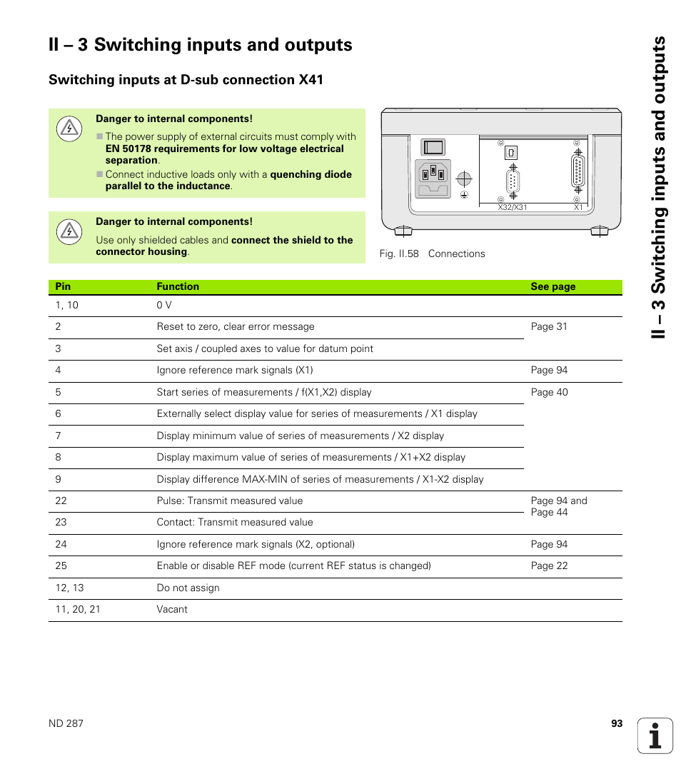 Ii – 3 switching inputs and outputs, Switching inputs at d-sub connection x41 | HEIDENHAIN ND 287 User Manual User Manual | Page 93 / 147