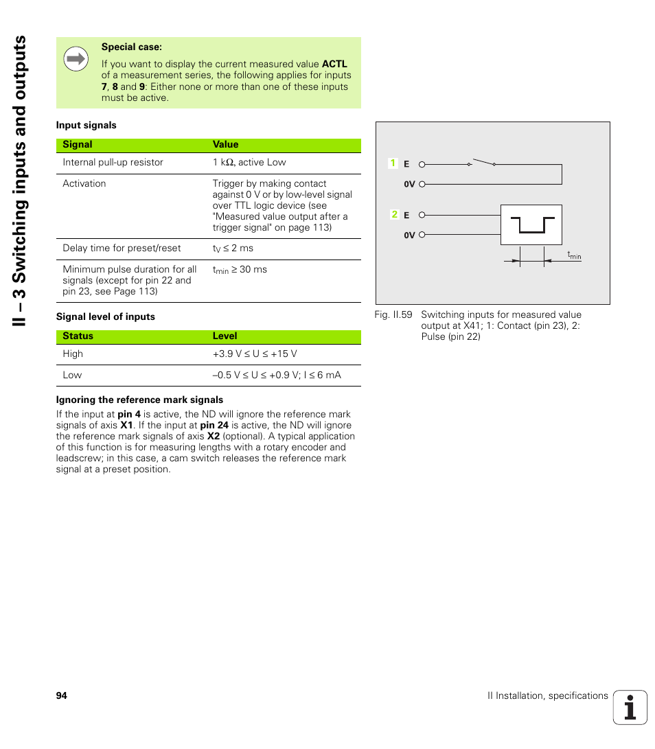 Input signals, Signal level of inputs, Ignoring the reference mark signals | Ii – 3 s w itc h ing inputs and outputs | HEIDENHAIN ND 287 User Manual User Manual | Page 94 / 147