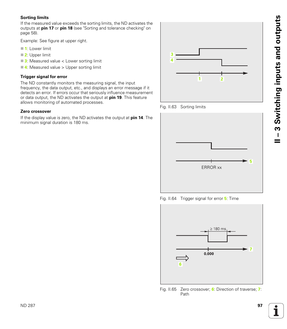 Sorting limits, Trigger signal for error, Zero crossover | Ii – 3 s w itc h ing inputs and outputs | HEIDENHAIN ND 287 User Manual User Manual | Page 97 / 147