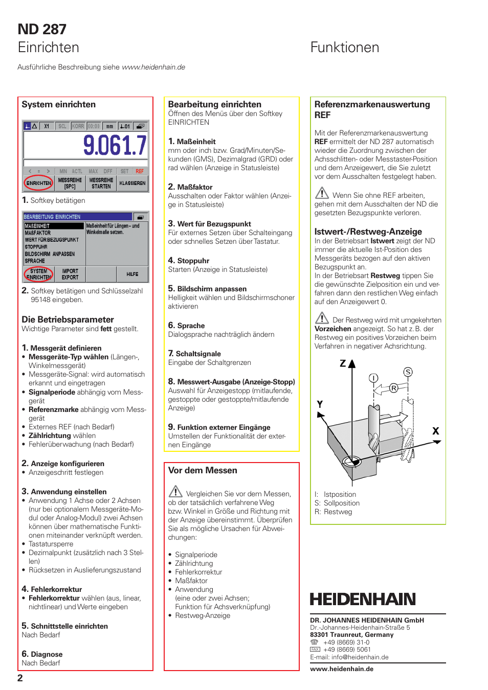 Nd 287 einrichten, Funktionen | HEIDENHAIN ND 287 Quick Start User Manual | Page 10 / 26