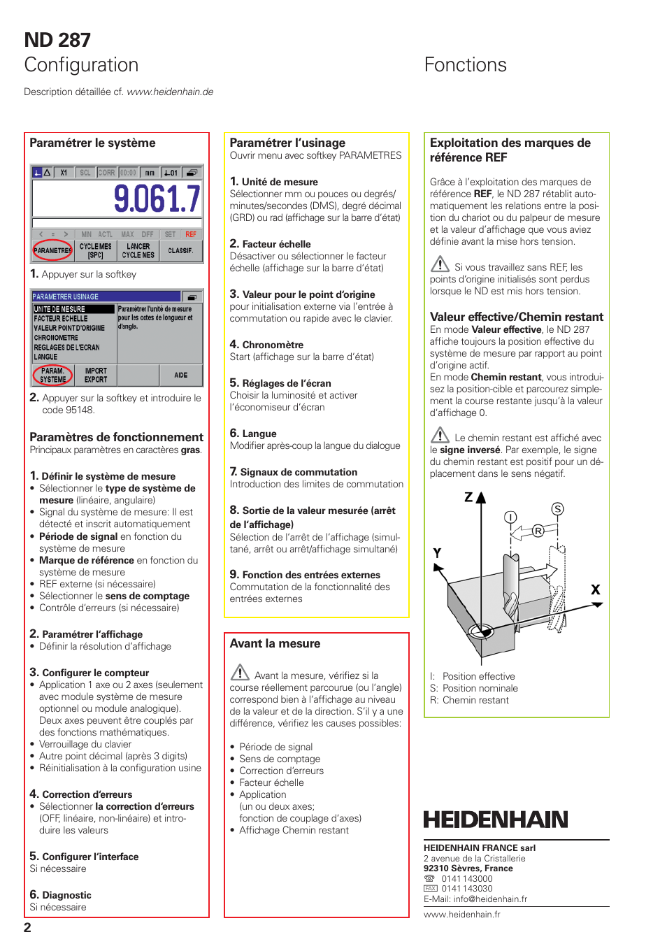 Nd 287 confi guration, Fonctions | HEIDENHAIN ND 287 Quick Start User Manual | Page 14 / 26