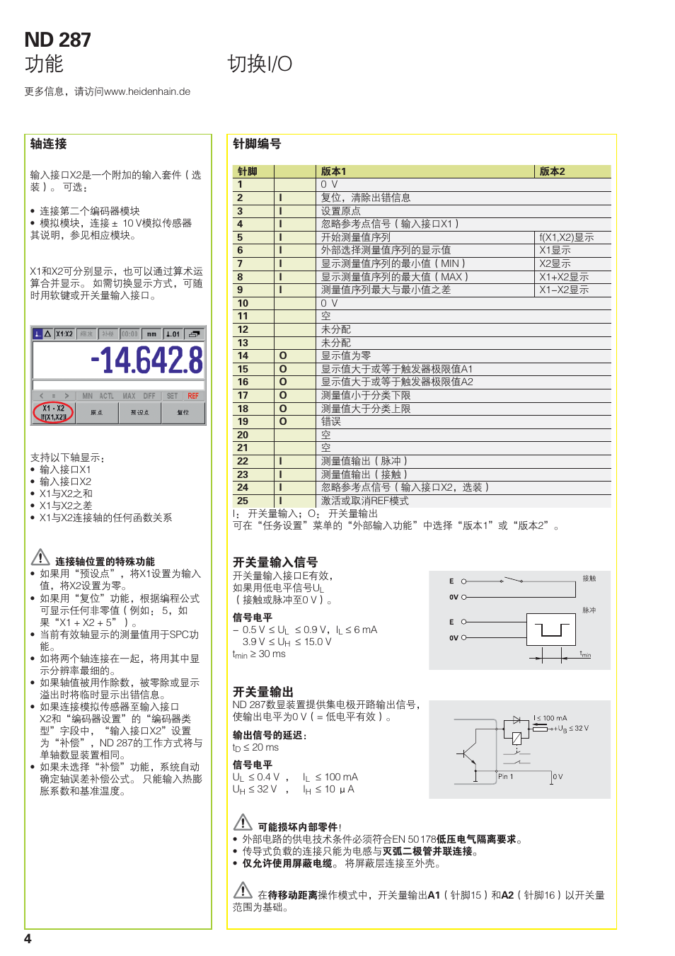 Nd 287 功能, 切换i/o | HEIDENHAIN ND 287 Quick Start User Manual | Page 20 / 26