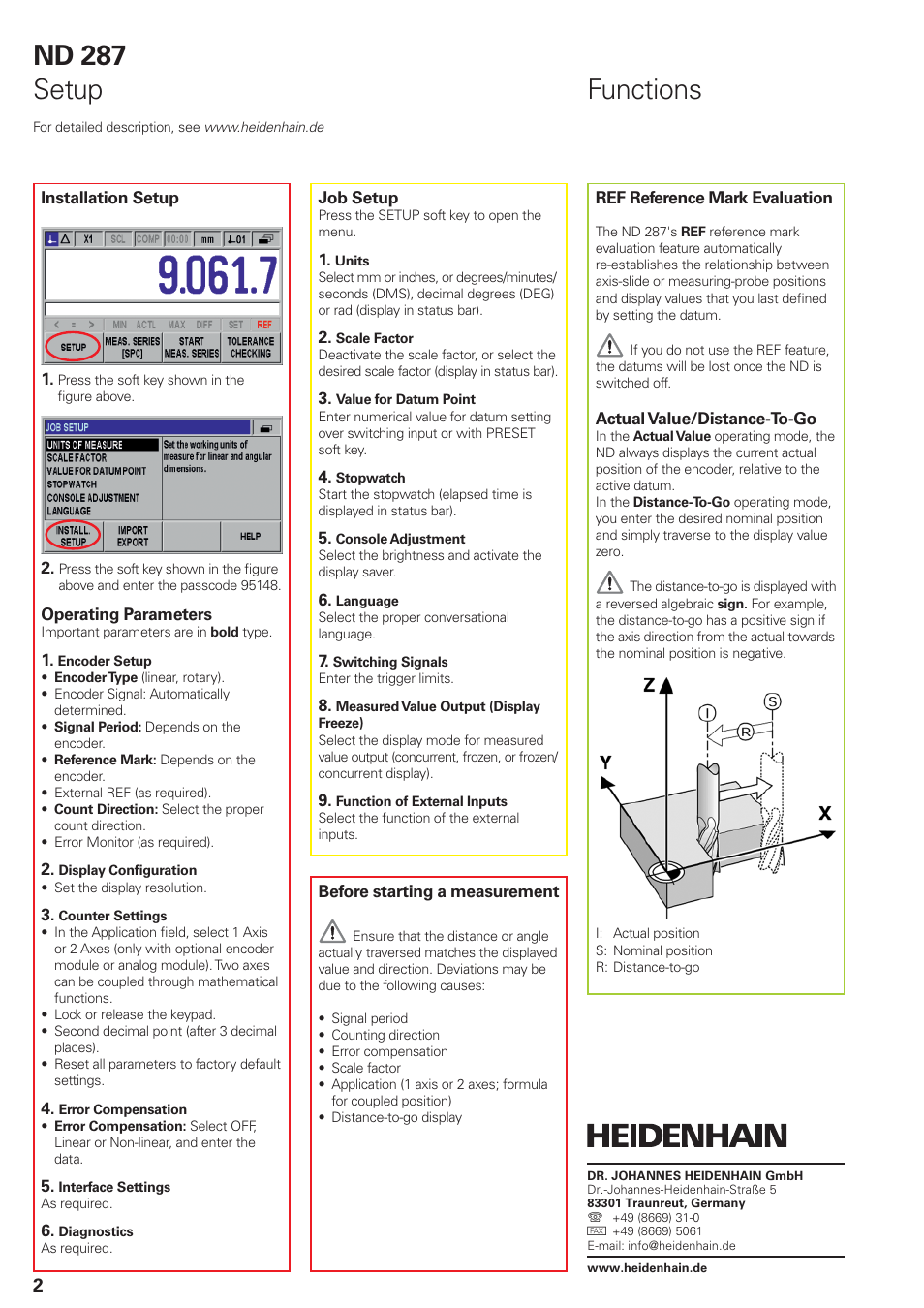 Nd 287 setup, Functions | HEIDENHAIN ND 287 Quick Start User Manual | Page 6 / 26