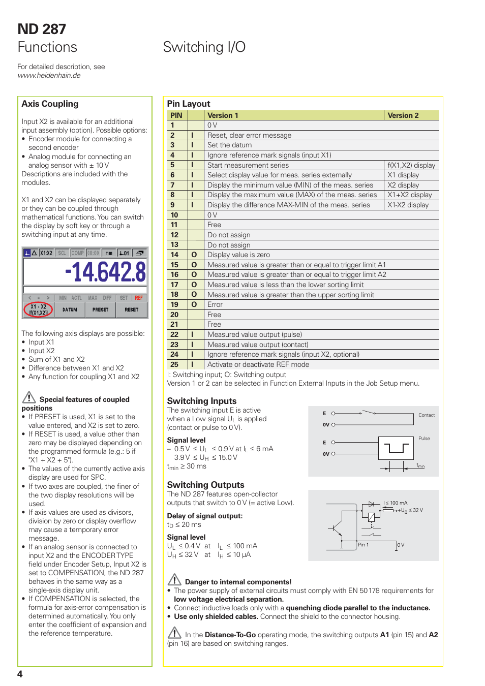 Nd 287 functions, Switching i/o | HEIDENHAIN ND 287 Quick Start User Manual | Page 8 / 26