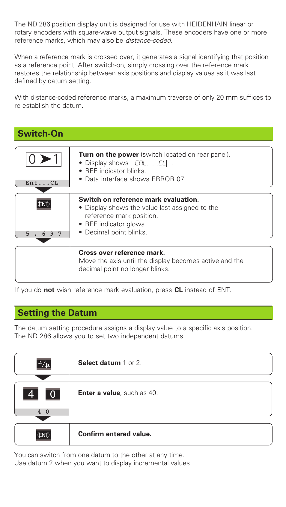 Switch-on, Setting the datum | HEIDENHAIN ND 286 User Manual | Page 2 / 10