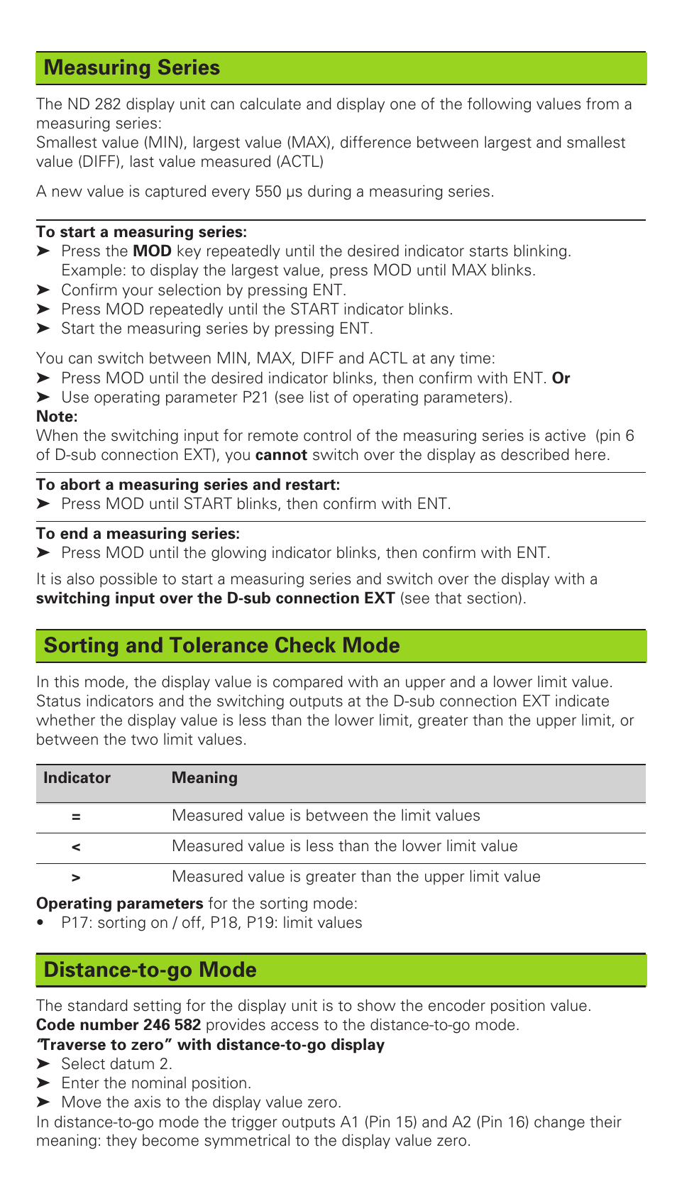 Measuring series, Sorting and tolerance check mode, Distance-to-go mode | HEIDENHAIN ND 286 User Manual | Page 3 / 10