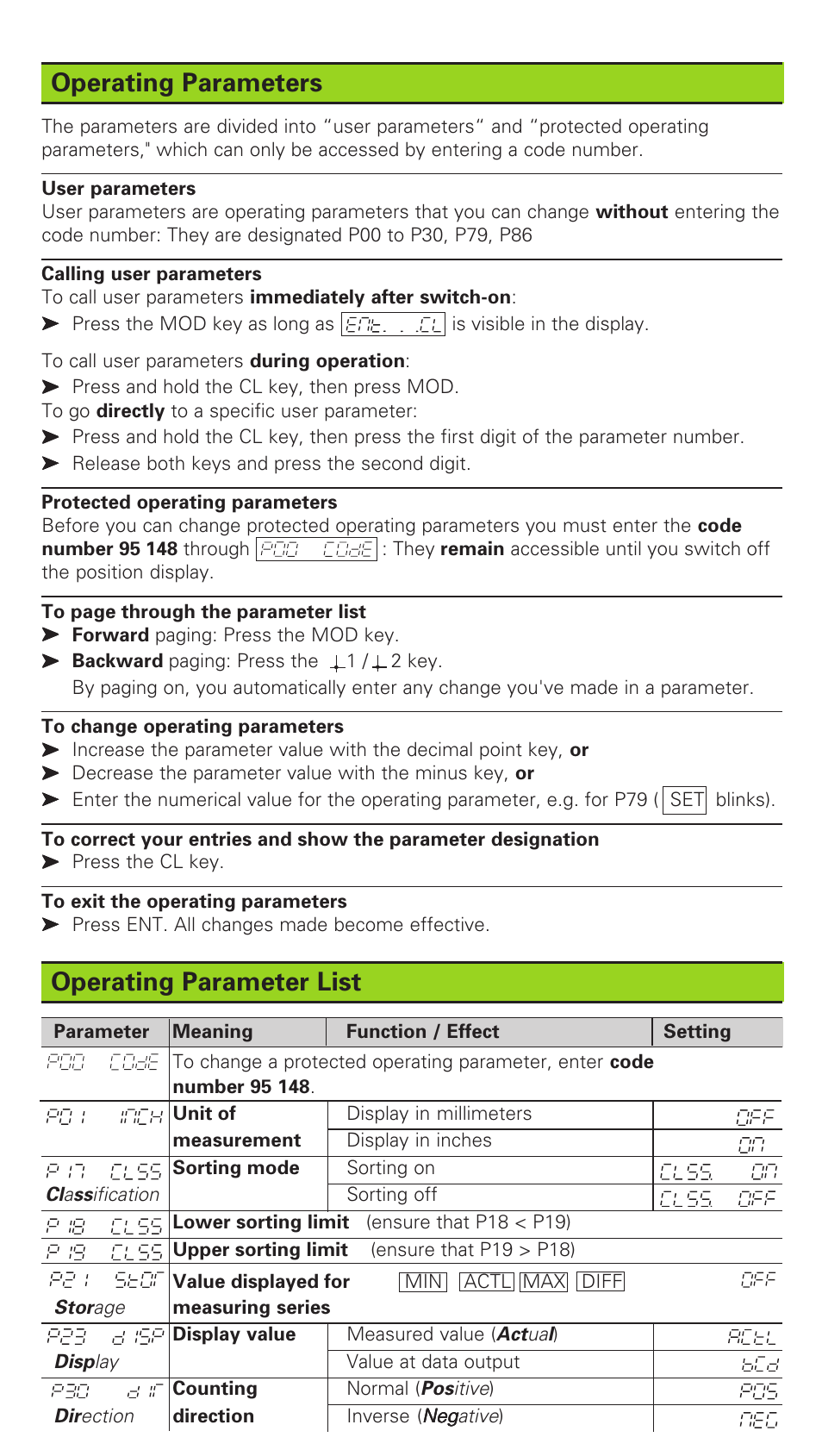 Operating parameters, Operating parameter list | HEIDENHAIN ND 286 User Manual | Page 7 / 10