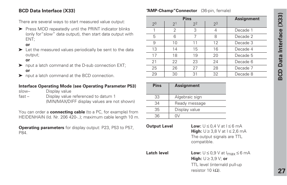 Bcd interface (x33), Bcd data interface (x33) | HEIDENHAIN ND 282 B User Manual | Page 27 / 39