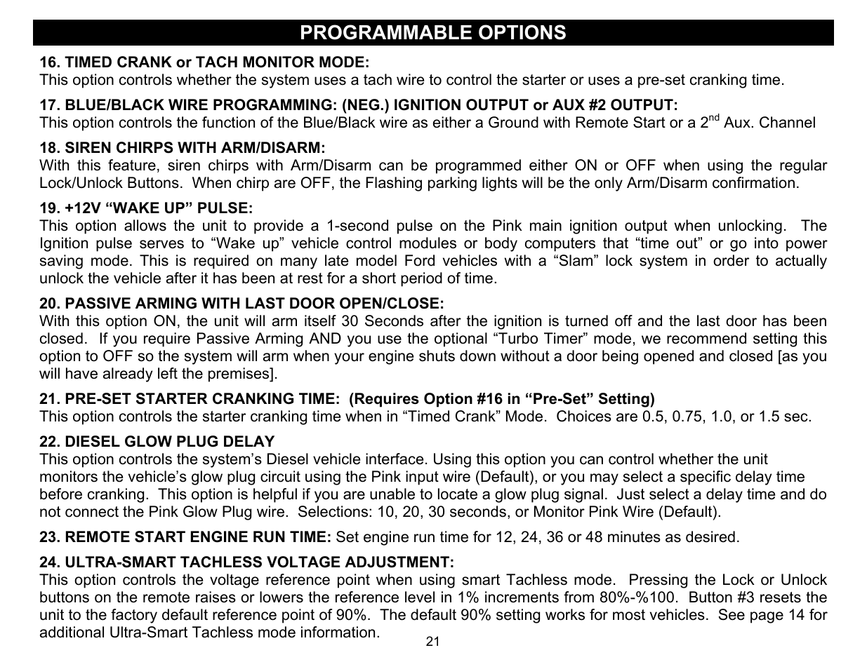 Programmable options, Aux. channel | Crimestopper Security Products CS-2015FM User Manual | Page 21 / 28