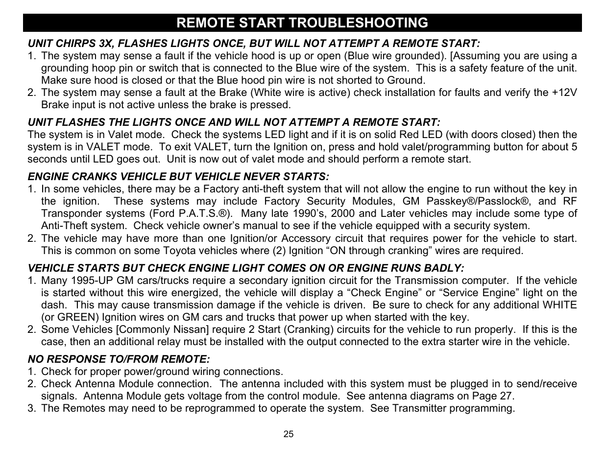 Remote start troubleshooting | Crimestopper Security Products CS-2015FM User Manual | Page 25 / 28