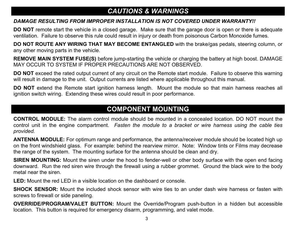 Cautions & warnings, Component mounting | Crimestopper Security Products CS-2015FM User Manual | Page 3 / 28
