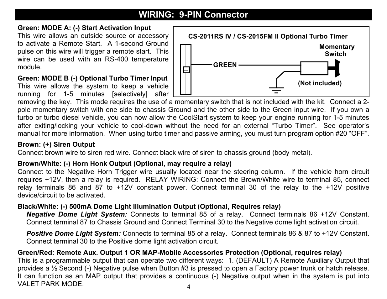 Wiring: 9-pin connector | Crimestopper Security Products CS-2015FM User Manual | Page 4 / 28
