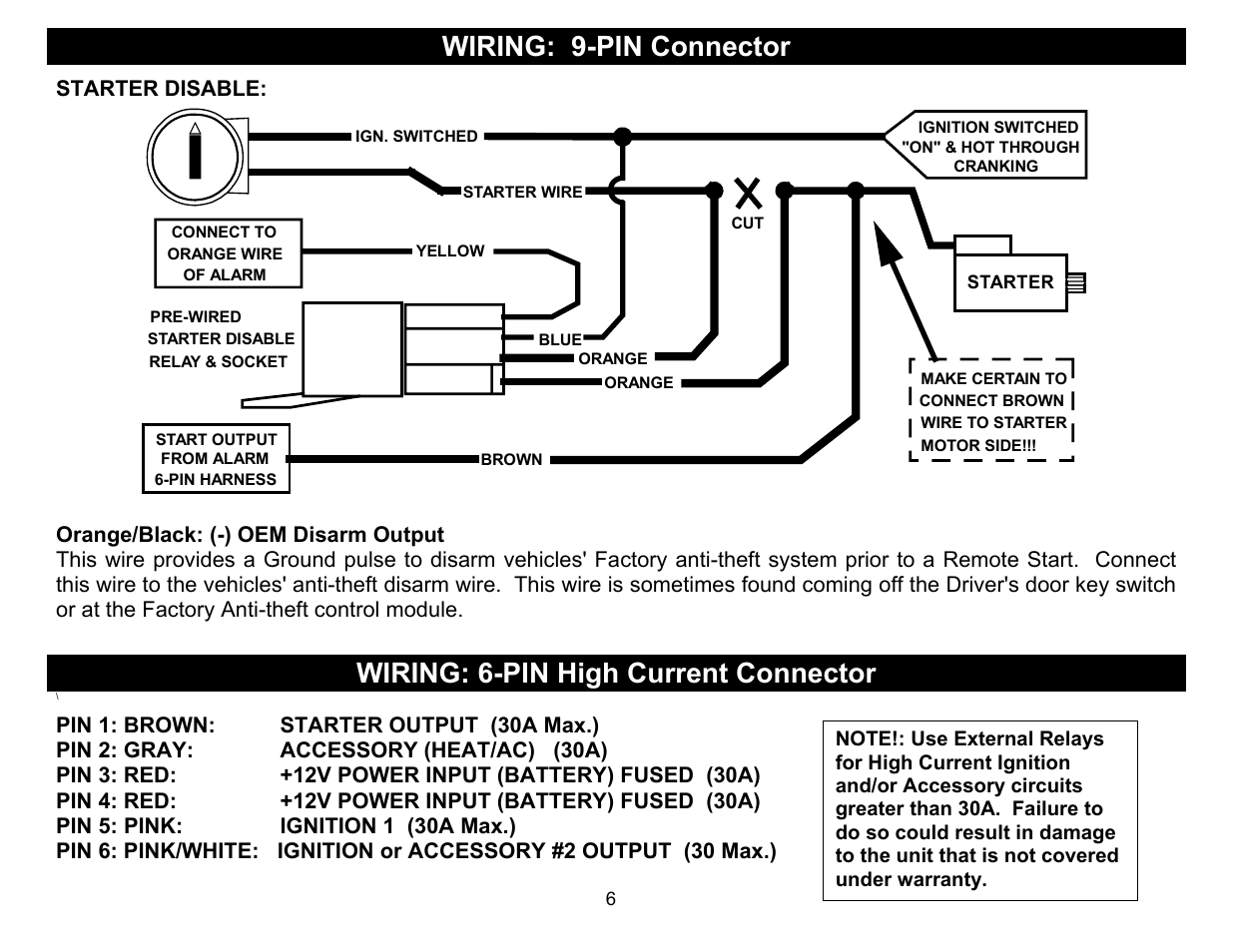 Wiring: 9-pin connector, Wiring: 6-pin high current connector | Crimestopper Security Products CS-2015FM User Manual | Page 6 / 28