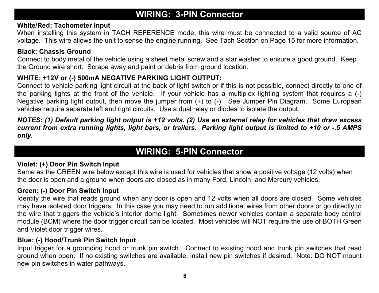 Wiring: 3-pin connector, Wiring: 5-pin connector | Crimestopper Security Products CS-2015FM User Manual | Page 8 / 28