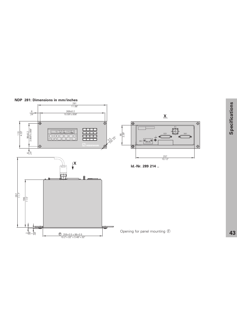 Specifications, Ndp 281: dimensions in mm/inches | HEIDENHAIN NPD 281 v.3 User Manual | Page 43 / 44