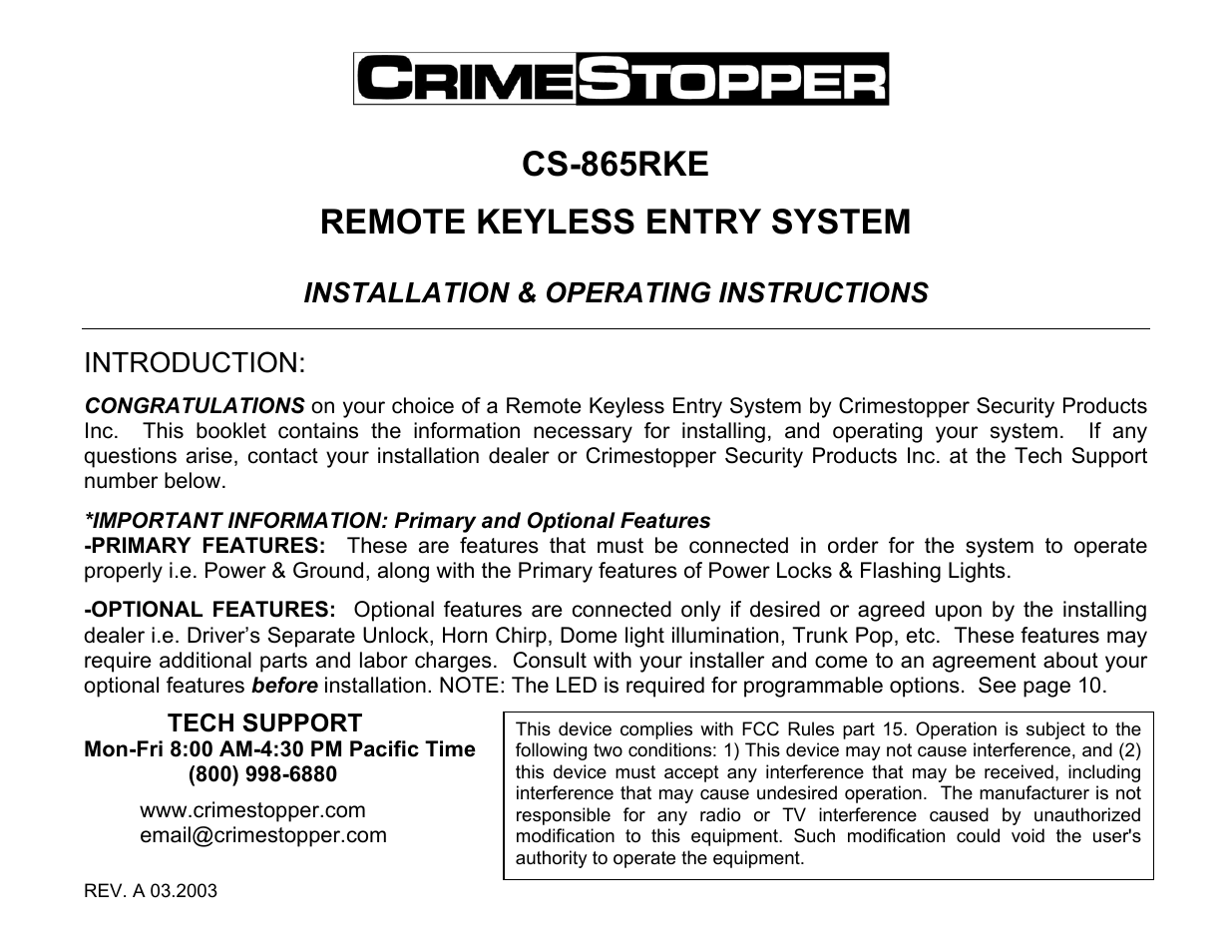 Crimestopper Security Products CS-865RKE User Manual | 12 pages