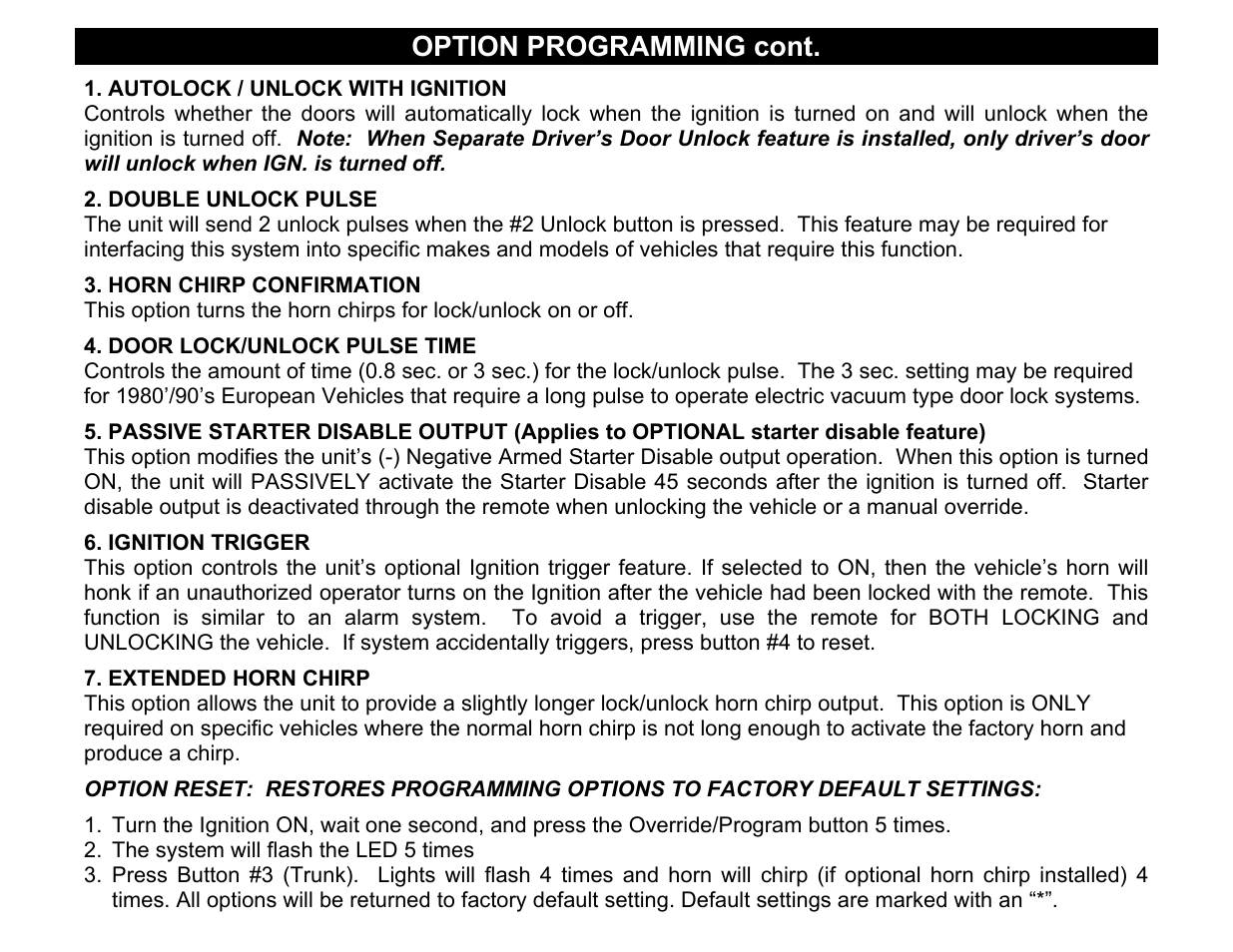 Autolock / unlock with ignition, Double unlock pulse, Door lock/unlock pulse time | Ignition trigger, Extended horn chirp, Option programming cont | Crimestopper Security Products CS-865RKE User Manual | Page 10 / 12