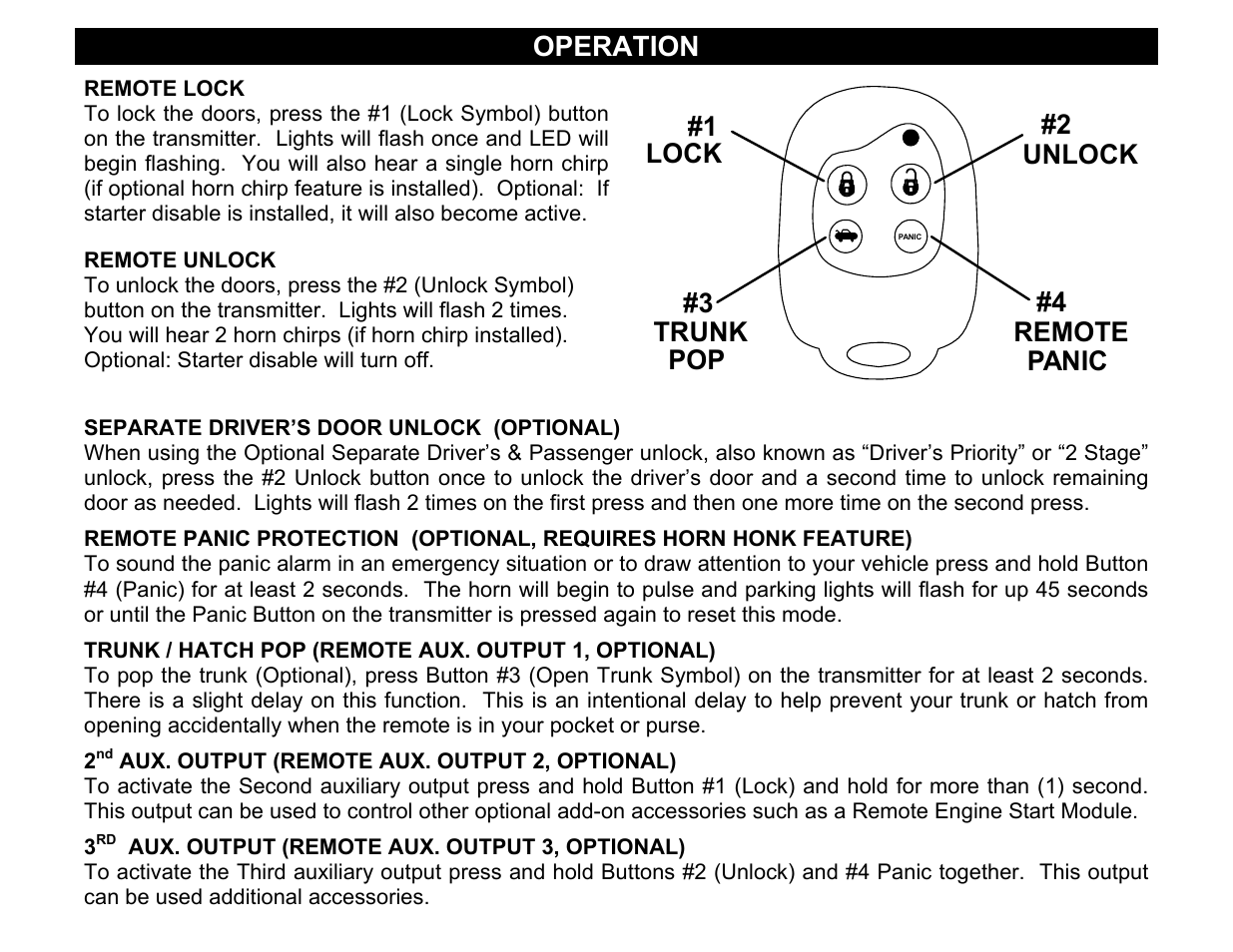 Remote lock, Remote unlock, Separate driver’s door unlock \(optional\) | 2nd aux. output (remote aux. output 2, optional), 3rd aux. output (remote aux. output 3, optional), Operation, Trunk panic lock unlock remote pop | Crimestopper Security Products CS-865RKE User Manual | Page 11 / 12
