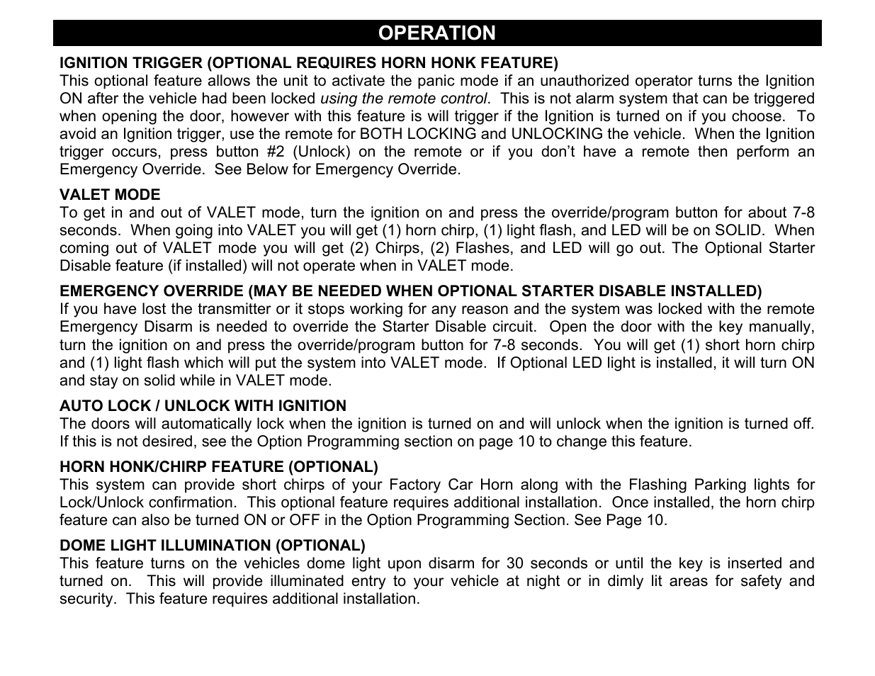 Auto lock / unlock with ignition, Horn honk/chirp feature (optional), Dome light illumination (optional) | Operation | Crimestopper Security Products CS-865RKE User Manual | Page 12 / 12