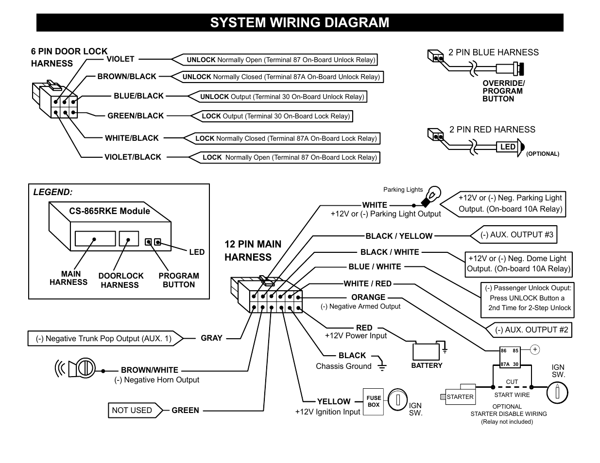 System wiring diagram, 12 pin main harness | Crimestopper Security Products CS-865RKE User Manual | Page 8 / 12
