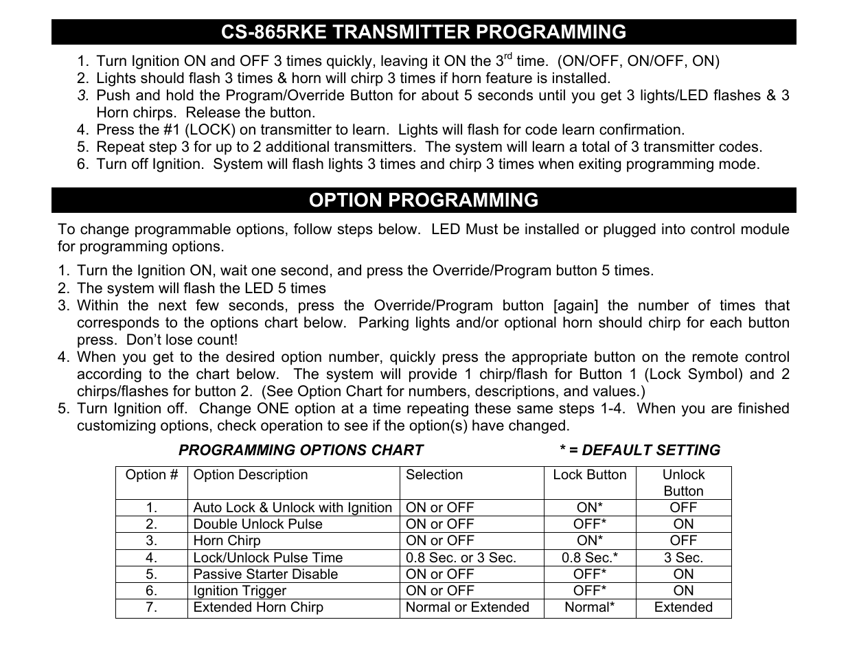 Cs-865rke transmitter programming, Option programming | Crimestopper Security Products CS-865RKE User Manual | Page 9 / 12