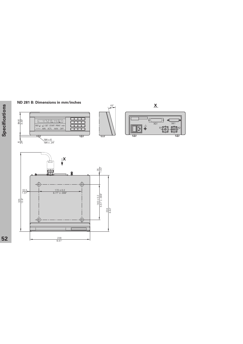 Dimensions, Specifications, Nd 281 b: dimensions in mm/inches | HEIDENHAIN ND 281 B v.1 User Manual | Page 52 / 53