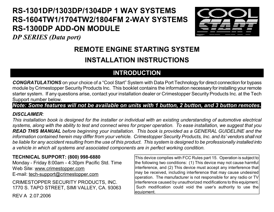 Crimestopper Security Products RS-1304DP User Manual | 28 pages