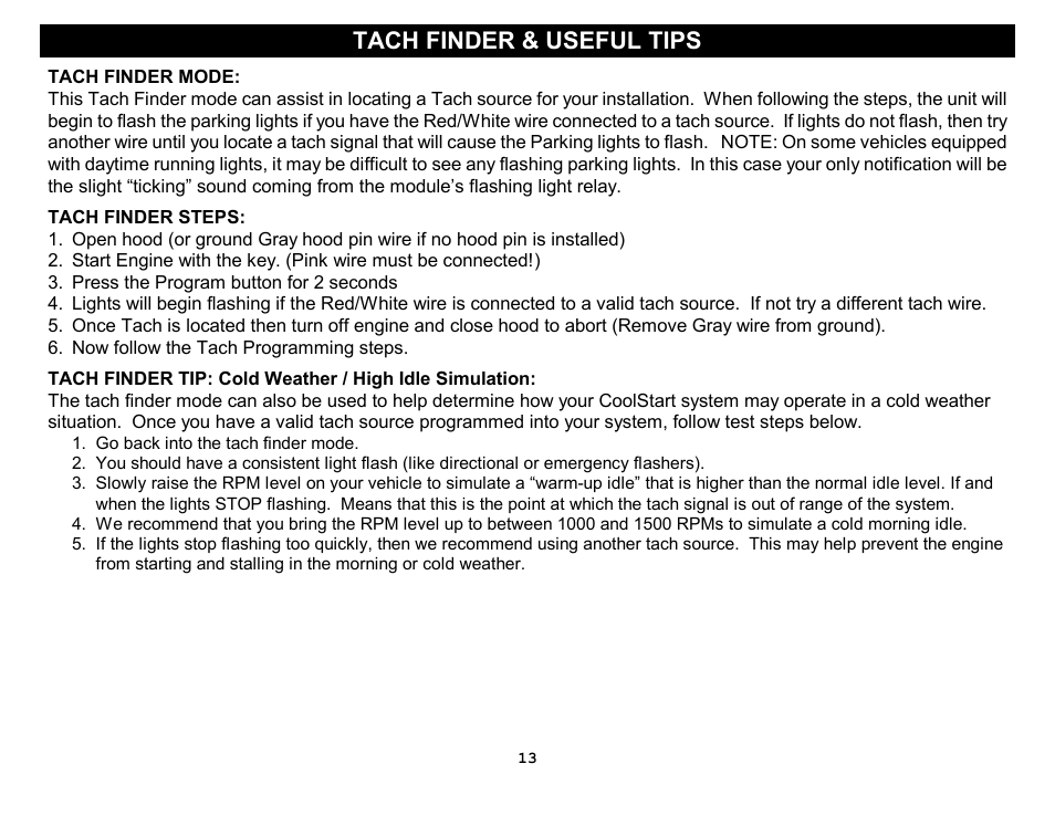 Tach finder & useful tips | Crimestopper Security Products RS-1304DP User Manual | Page 13 / 28