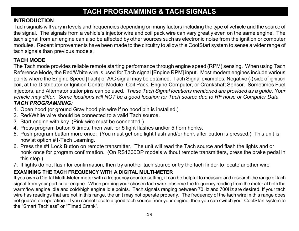 Tach programming & tach signals | Crimestopper Security Products RS-1304DP User Manual | Page 14 / 28