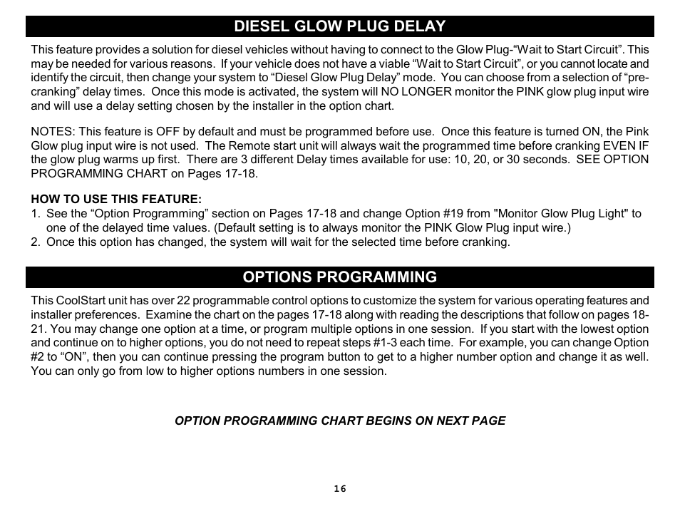 Diesel glow plug delay, Options programming | Crimestopper Security Products RS-1304DP User Manual | Page 16 / 28