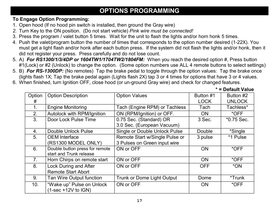 Options programming | Crimestopper Security Products RS-1304DP User Manual | Page 17 / 28