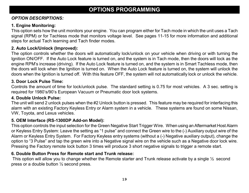 Options programming, Option descriptions | Crimestopper Security Products RS-1304DP User Manual | Page 19 / 28