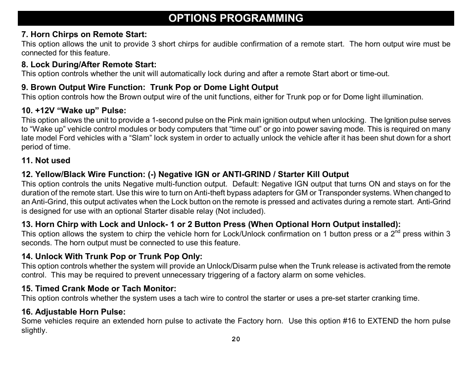 Options programming | Crimestopper Security Products RS-1304DP User Manual | Page 20 / 28