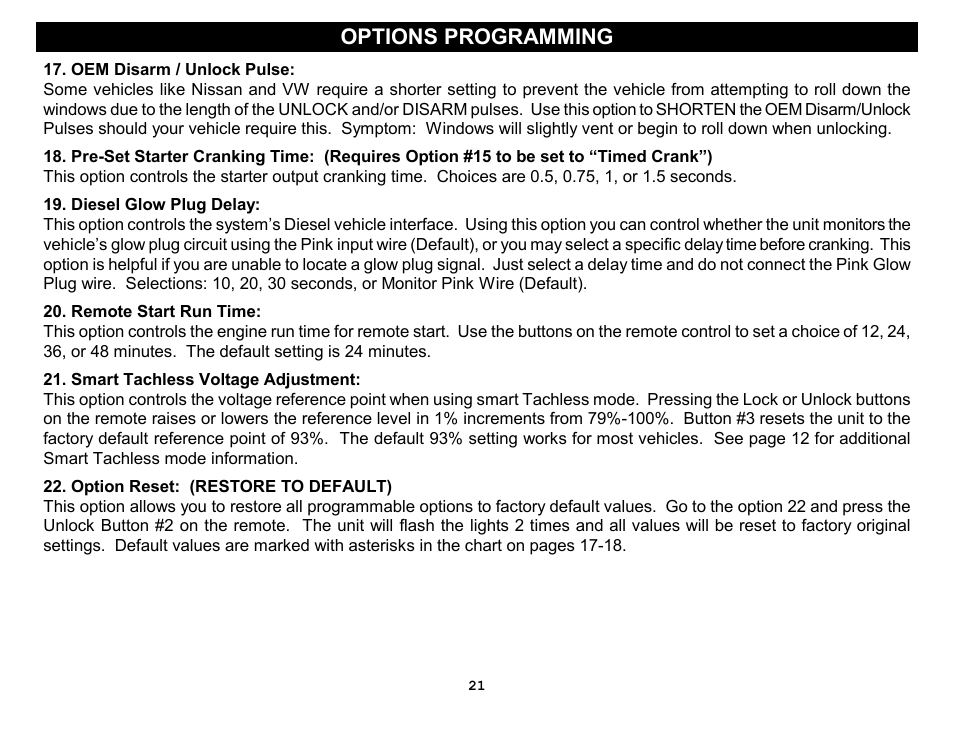 Options programming | Crimestopper Security Products RS-1304DP User Manual | Page 21 / 28