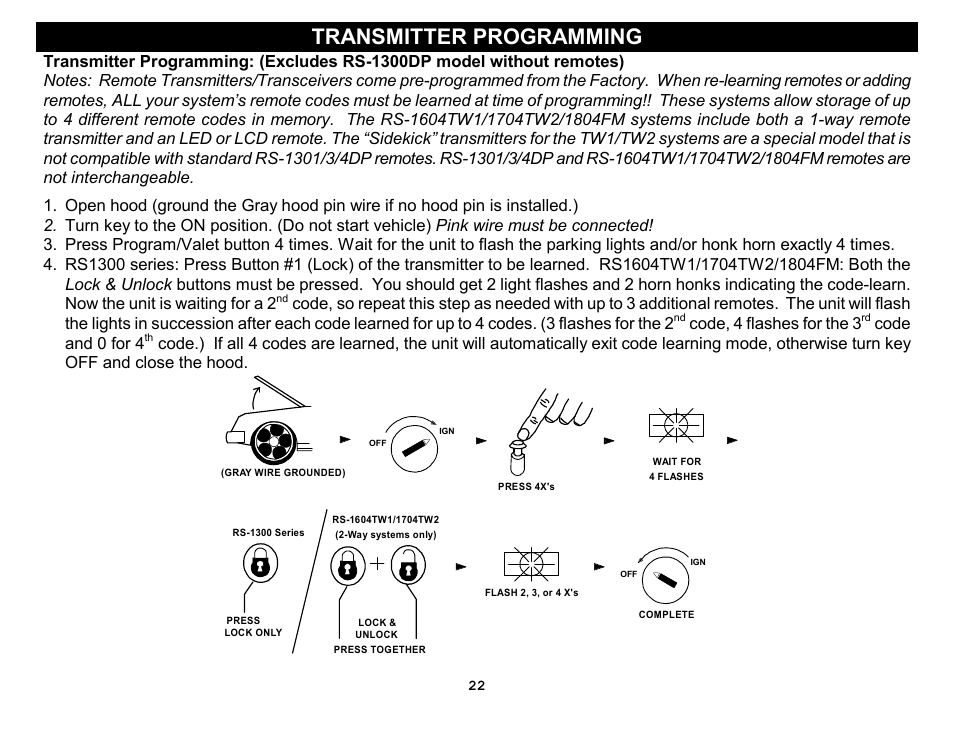 Transmitter programming, Code, 4 flashes for the 3, Code and 0 for 4 | Crimestopper Security Products RS-1304DP User Manual | Page 22 / 28