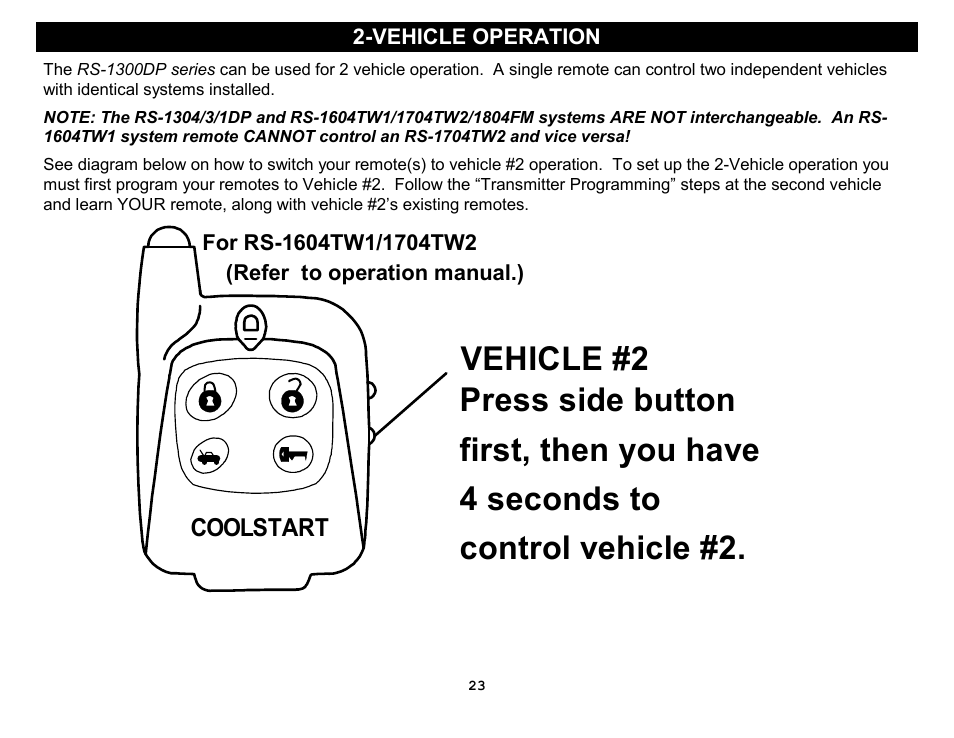 Coolstart, Vehicle operation | Crimestopper Security Products RS-1304DP User Manual | Page 23 / 28