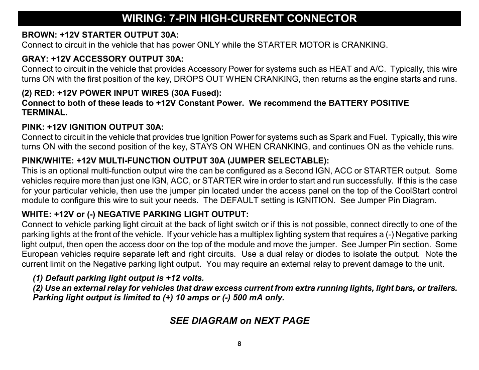 Wiring: 7-pin high-current connector, See diagram on next page | Crimestopper Security Products RS-1304DP User Manual | Page 8 / 28